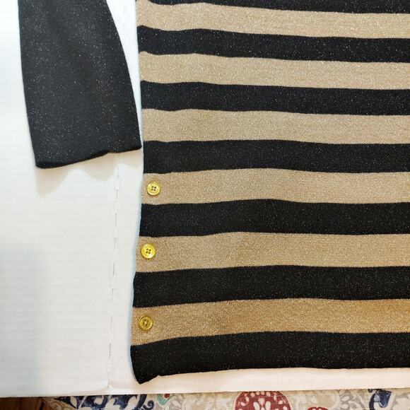 Dana Buckman Black Gold XL Metallic Knit Sweater Stripped With Side Buttons - Picture 3 of 7